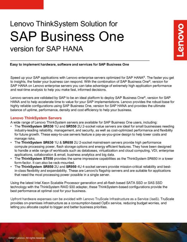 Lenovo ThinkSystem Solution for SAP Business One, version for SAP HANA