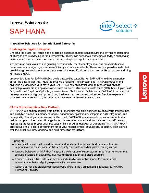   Lenovo Solutions for SAP HANA®