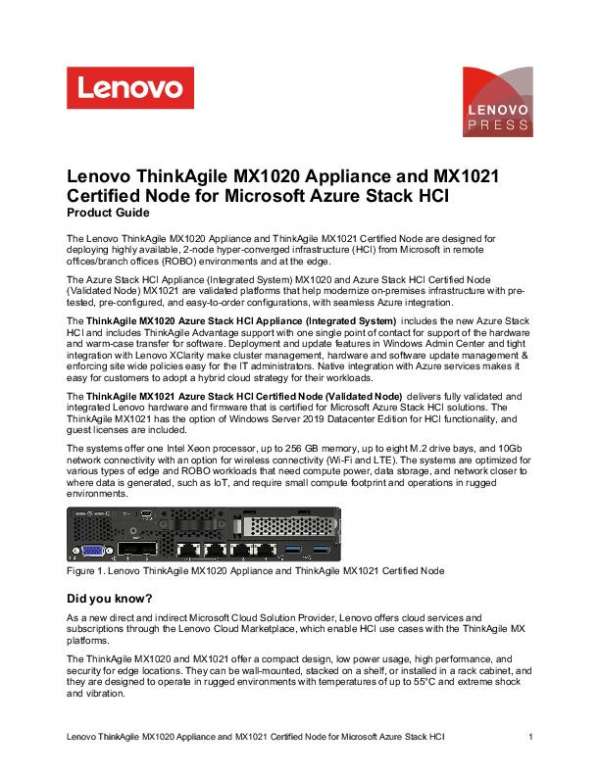 Lenovo ThinkAgile MX1020 Appliance and MX1021 Certified Node for Microsoft Azure Stack HCI