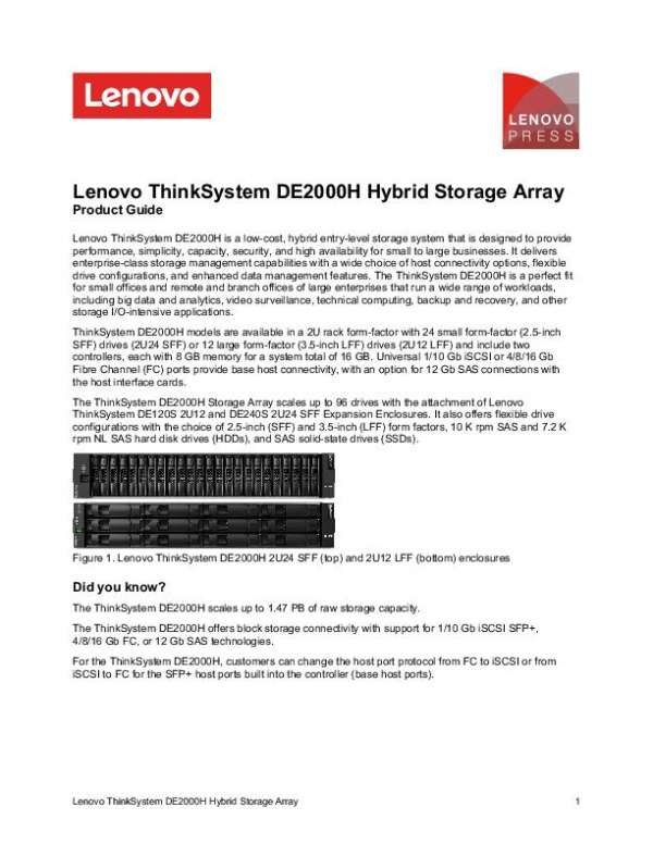 ThinkSystem DE2000H Hybrid Storage Array Product Guide