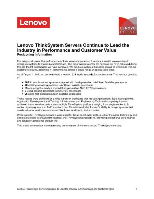 ThinkSystem Servers Continue to Lead the Industry in Performance and Customer Value