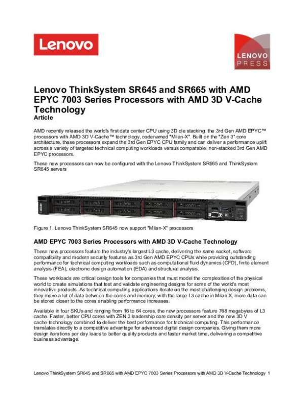 Lenovo ThinkSystem SR645 and SR665 with AMD EPYC™ 7003 Series Processors and AMD 3D V-Cache™ Technology