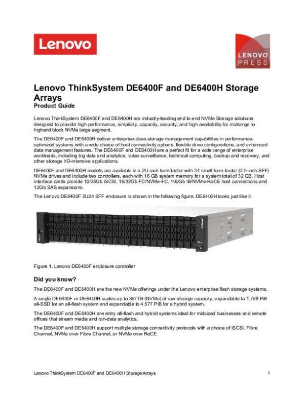 Lenovo ThinkSystem DE6400F and DE6400H Storage Arrays Product Guide