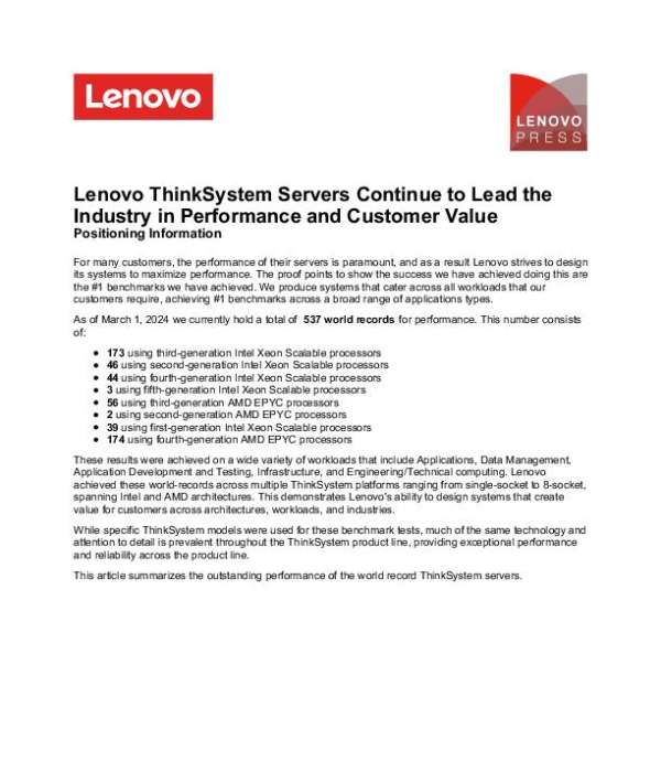 Lenovo ThinkSystem Servers Continue to Lead the Industry in Performance and Customer Value