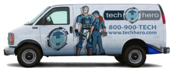 Tech Hero branded van featuring technicians, showcasing IT services and support contact information, emphasizing managed cloud services and cybersecurity solutions.