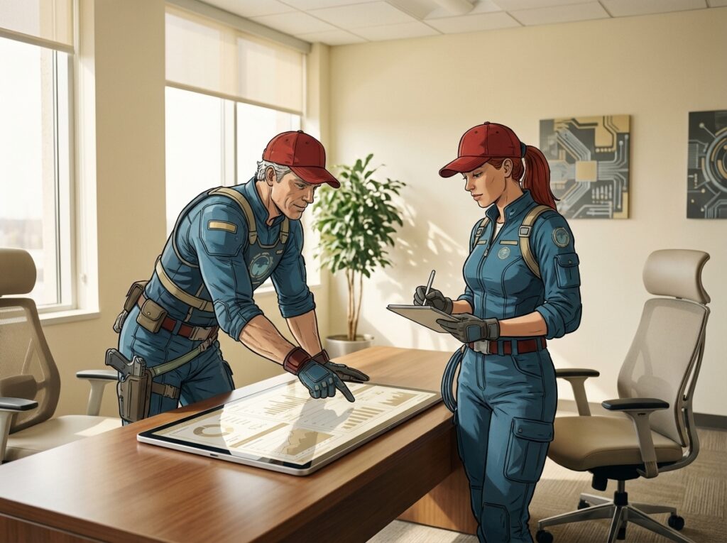 Tech Hero IT professionals reviewing network infrastructure diagram in office setting.