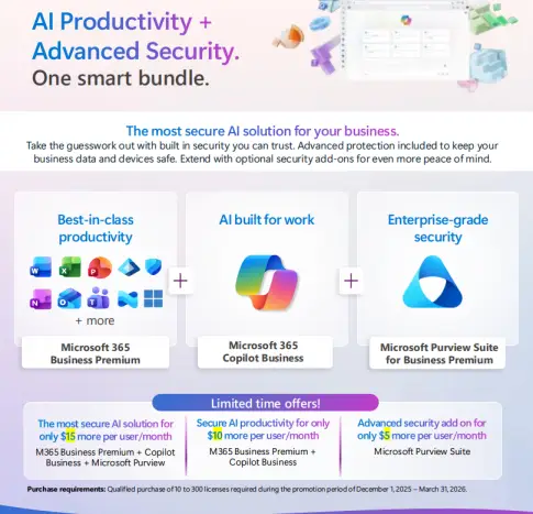 AI productivity and advanced security solutions for business, including Microsoft 365 and Microsoft Copilot.