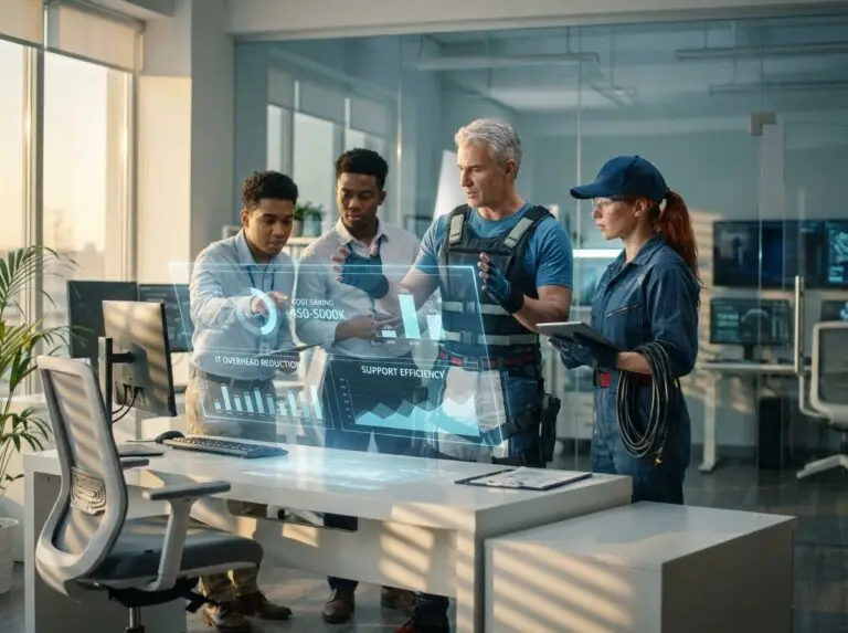 IT professionals and cybersecurity expert analyzing data visualizations for managed IT services and business continuity.