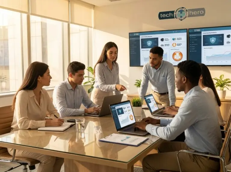 IT professionals collaborating around a conference table reviewing cybersecurity dashboards and data backup solutions.