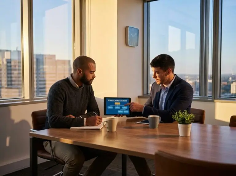 Business professionals discussing data backup and recovery plan in modern office setting