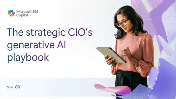 CIO using tablet showcasing Microsoft 365 Copilot generative AI playbook.