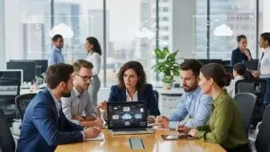 Business team discussing cloud migration strategy in a modern office setting