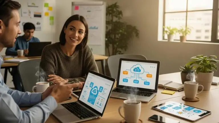Small business owner and Tech Hero consultant discussing cloud solutions in a cozy office environment.
