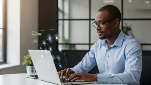 Small business owner in Orlando evaluating cybersecurity solutions on a laptop