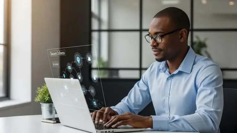 Small business owner in Orlando evaluating cybersecurity solutions on a laptop.