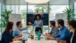 Small business team collaborating on managed IT services in an Orlando office