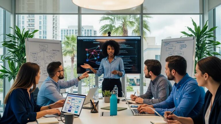 Tech Hero team collaborating on managed IT services in an Orlando office, discussing network solutions.