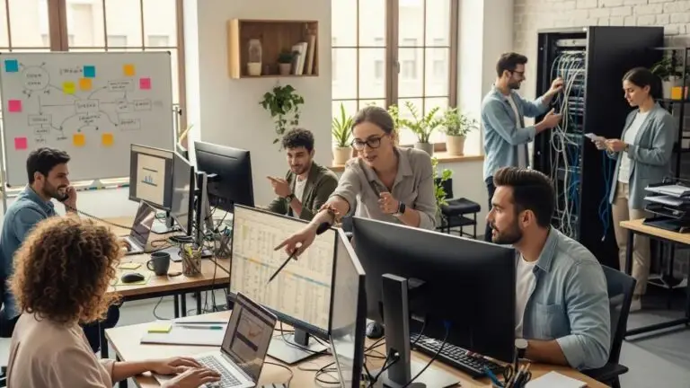 Small business team collaborating on IT support solutions and network management.