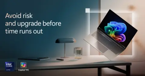 Windows 11 upgrade illustration with Copilot PC and Intel Core Ultra logo, avoiding risk and upgrading.