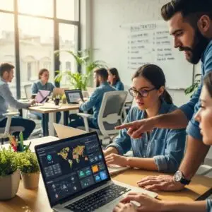 A modern workspace illustrating employees collaborating on cybersecurity solutions for small businesses