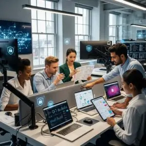 Business professionals collaborating on data security solutions in a modern office setting