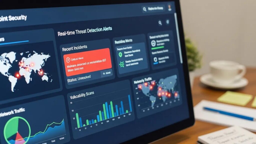 Computer screen showing endpoint security dashboard with real-time alerts in a small business setting