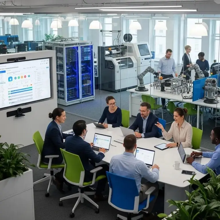 Business professionals collaborating on vendor and asset management strategies in a modern office environment.