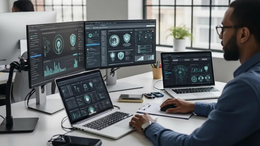 Cybersecurity professional analyzing security data in a modern office