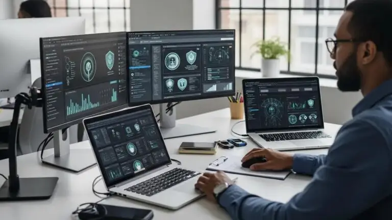 Cybersecurity professional analyzing security data in a modern office