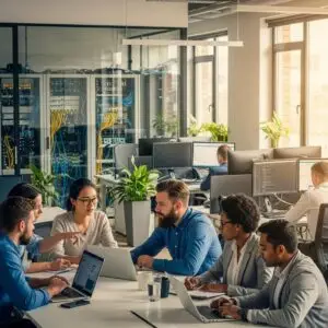 Diverse IT team collaborating in a modern office, illustrating managed IT services for business growth