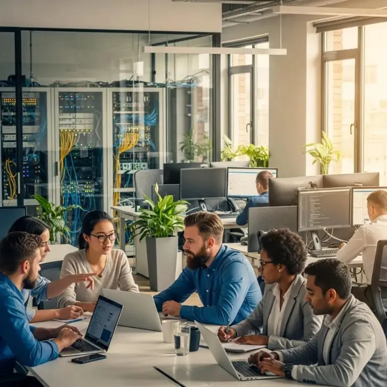 Diverse IT team collaborating in a modern office, illustrating managed IT services for business growth