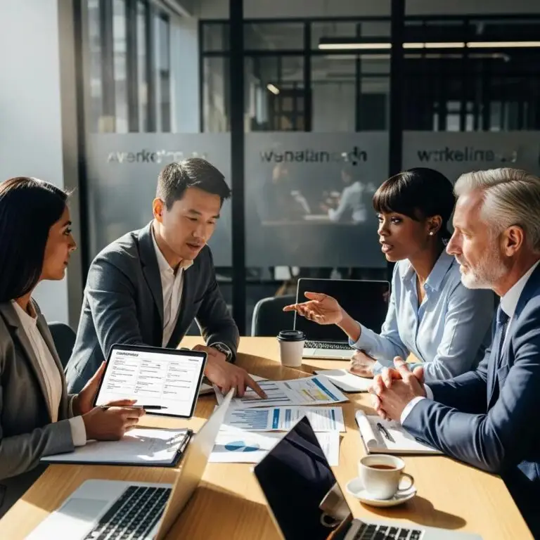 Diverse professionals discussing compliance frameworks and regulations in a modern office setting.