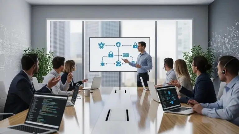 Employees engaged in cybersecurity training, promoting awareness and protection against cyber threats