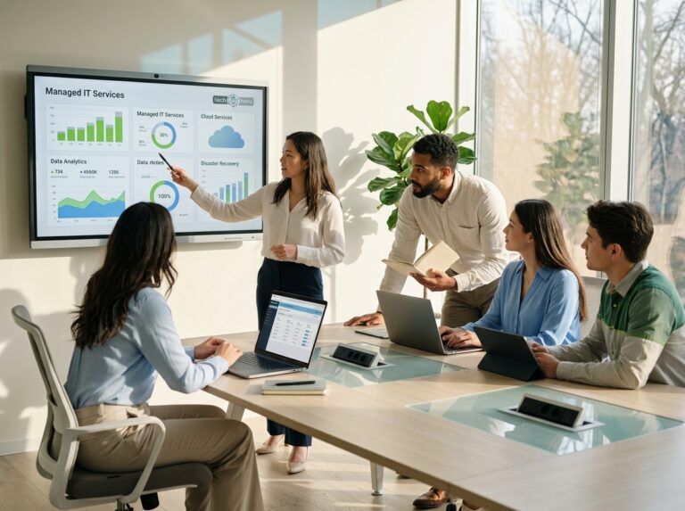Business team reviewing managed IT services dashboard and data analytics.