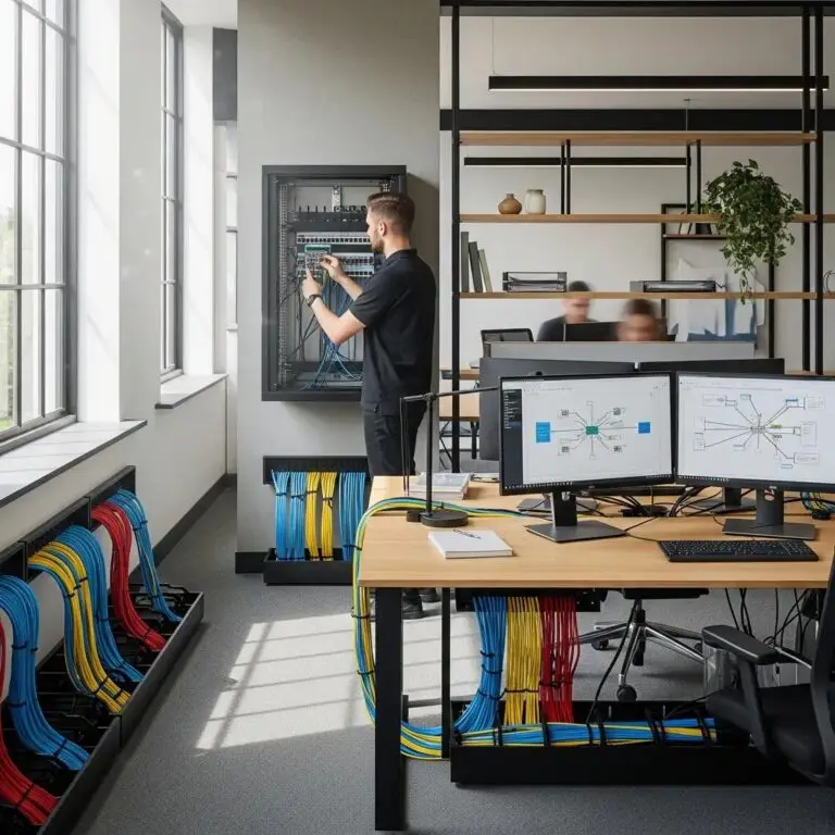 Network cabling installation in office showcasing structured cabling upgrade services and modern network infrastructure.