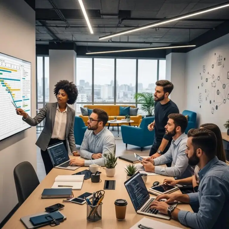 Professionals collaborating on on-demand IT solutions in a modern office setting, reviewing data and project