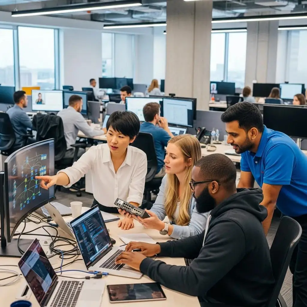 Professionals collaborating on network infrastructure solutions in a modern office