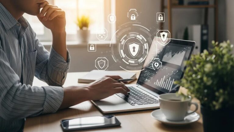Small business owner analyzing cybersecurity on laptop, emphasizing incident response and data breach protection.