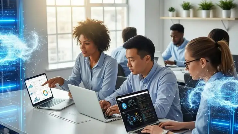 Small business team utilizing cloud technology and data security solutions for data protection.