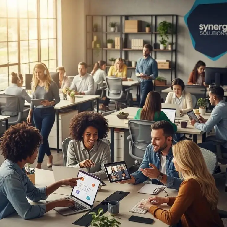 Team collaboration using Business VoIP solutions in a modern office environment, enhancing unified communications.