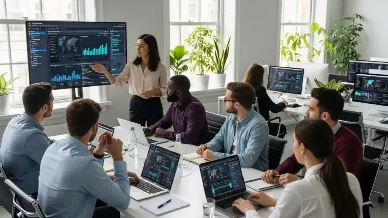 Team discussing cybersecurity tools and threat detection systems in a modern workspace.