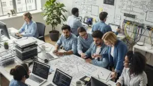 Team of IT professionals collaborating in a modern office setting, highlighting managed IT services