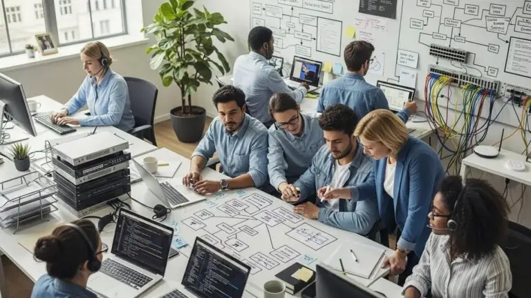 IT professionals collaborating in modern office, providing managed IT services and support.