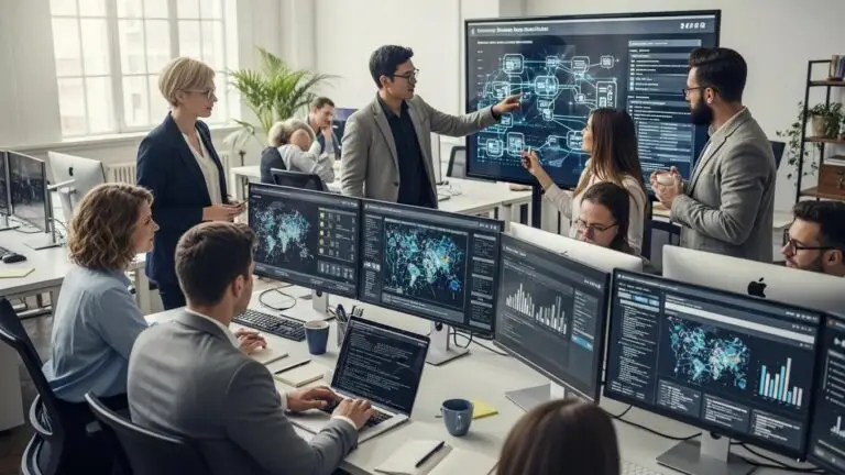 Team of IT professionals collaborating on managed cybersecurity solutions in a modern office