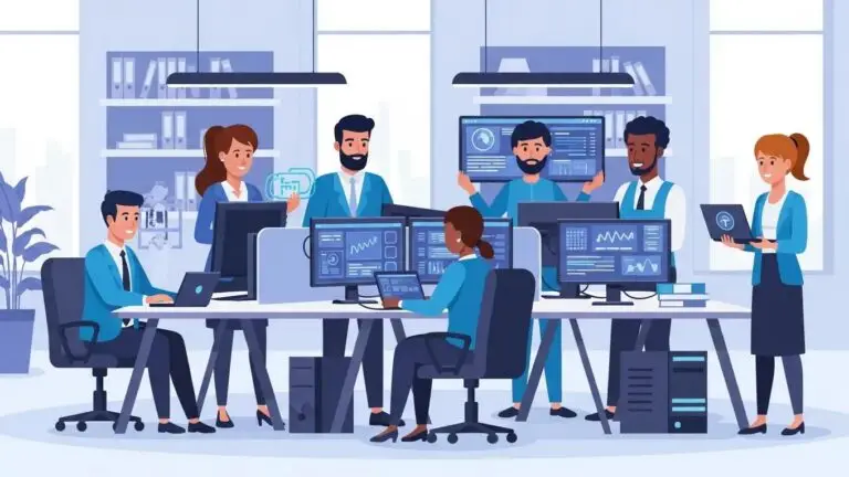 Team of IT professionals collaborating on proactive maintenance strategies in a modern office