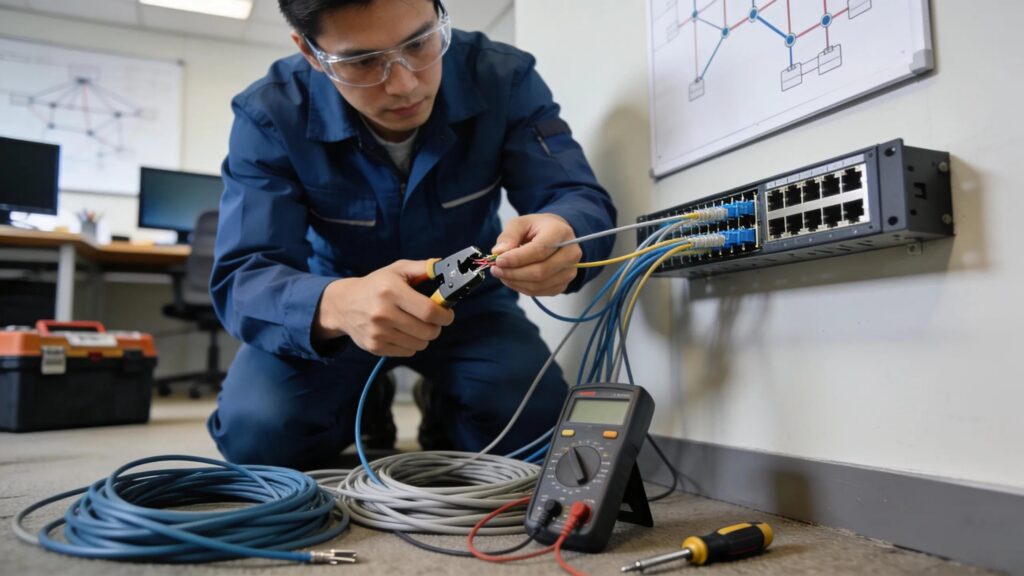 Technician installing network cabling in a small business office, demonstrating the installation process