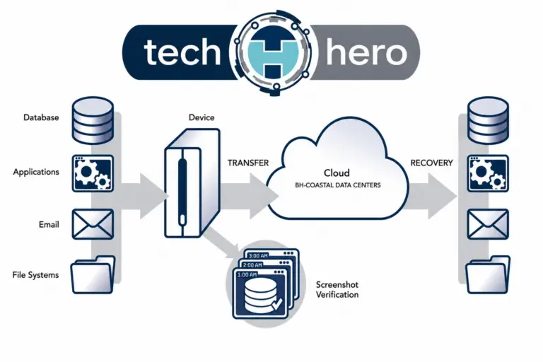 Tech Hero cloud data centers diagram illustrating backup and recovery solutions for applications, email, and file systems.
