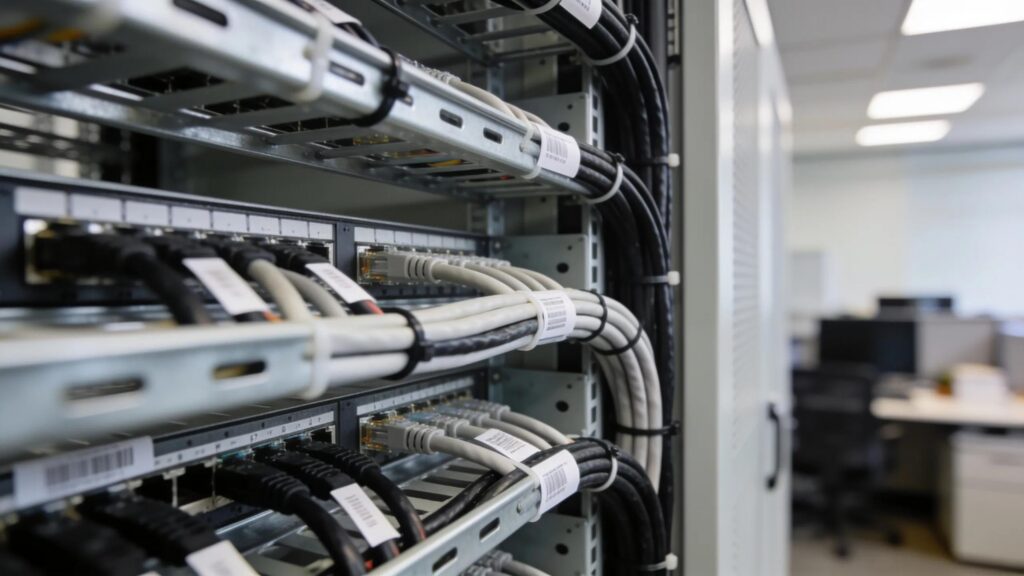 Close-up view of well-organized structured cabling in a commercial setting emphasizing network performance and reliability