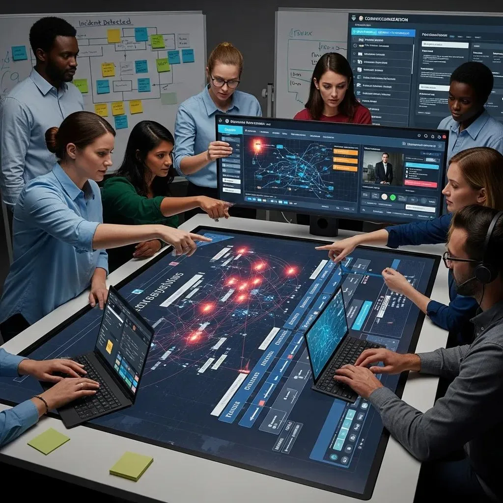 Tech Hero team collaborating on incident response planning with digital interfaces displaying network analysis.