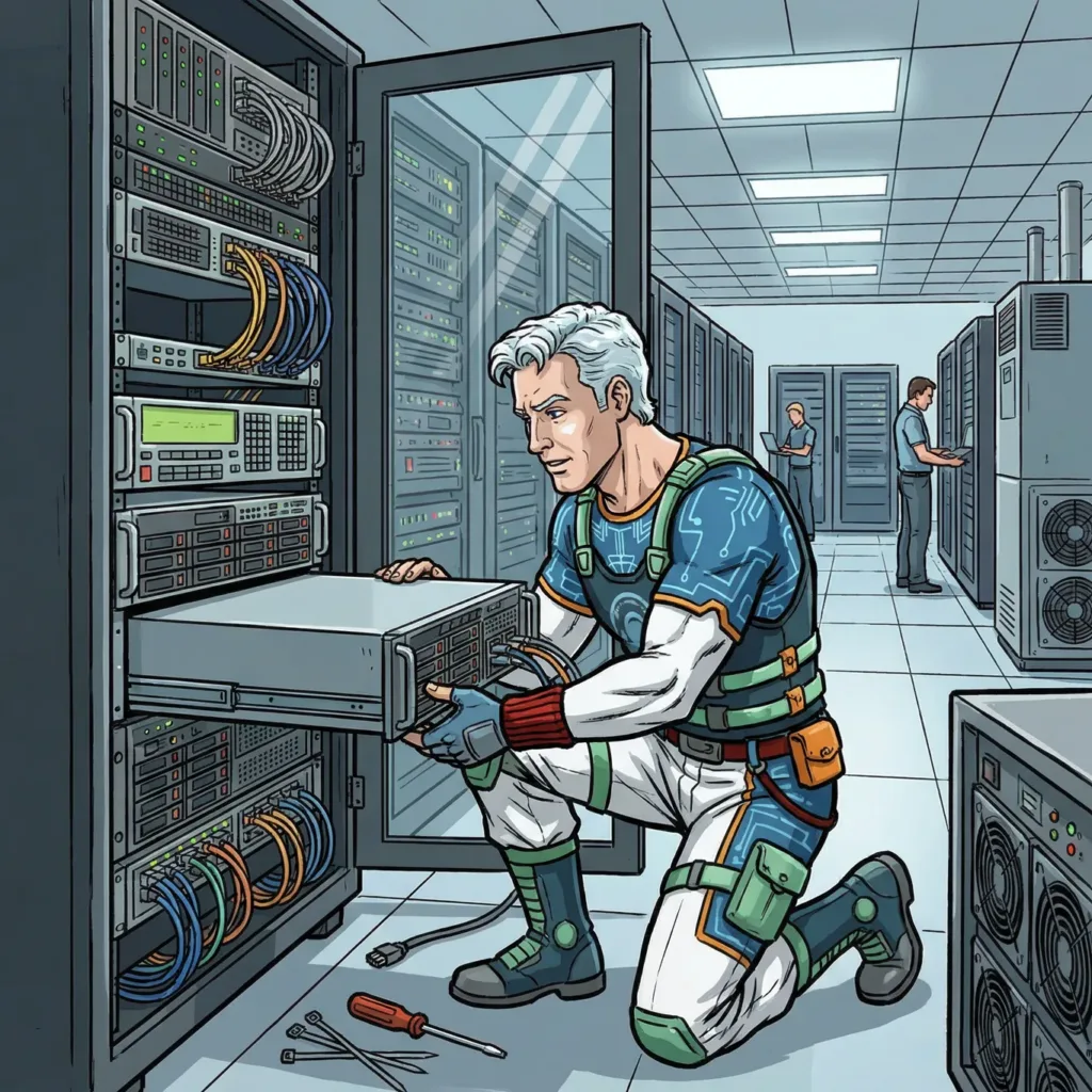 Technician working on server racks in a data center